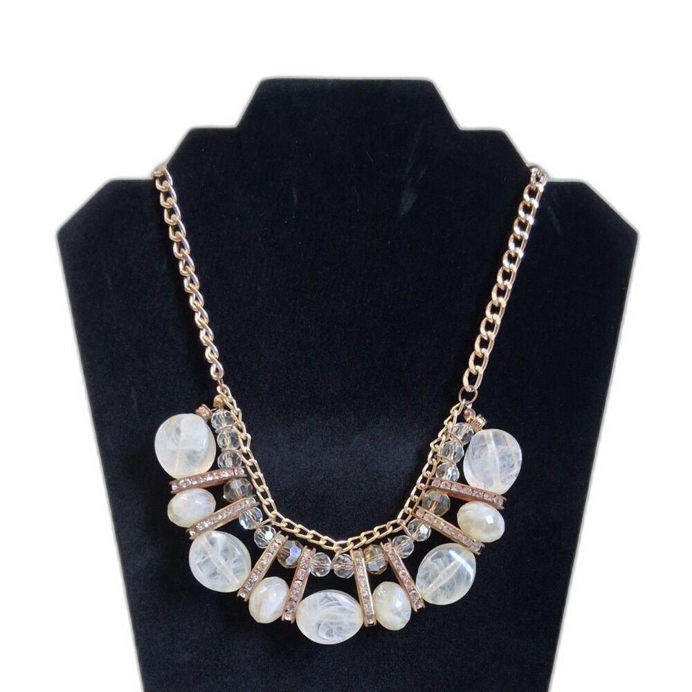 Milky White Beads and Gold Tone Metal Single Strand Curb Link Statement Necklace